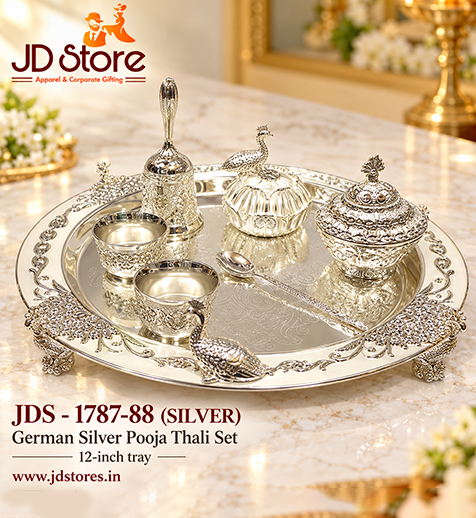 JDS 1787-88 German Silver Pooja Thali Set